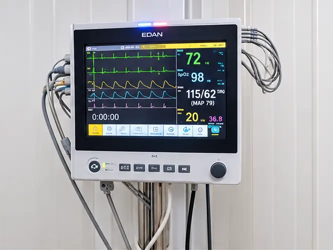 Patient monitor displaying ECG trace, SpO2 and blood pressure readings