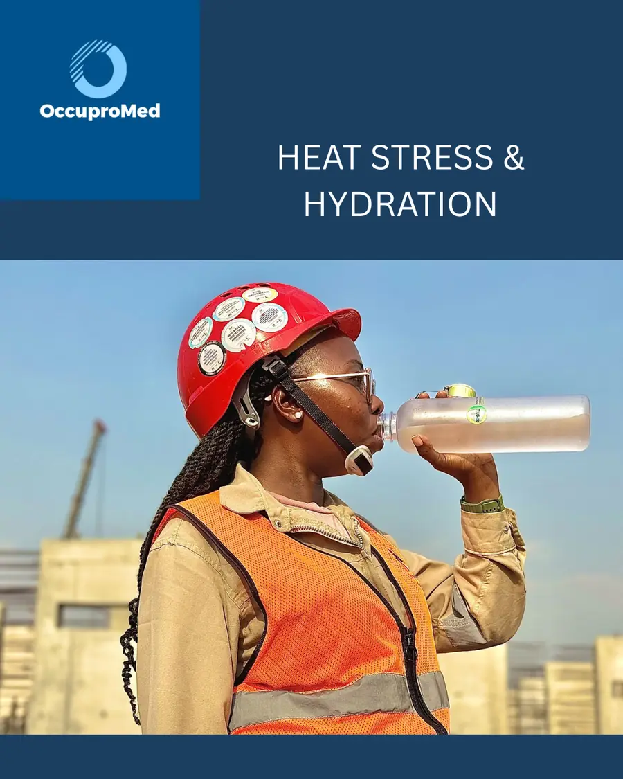 Heat stress and hydration campaign poster showing a site worker drinking water